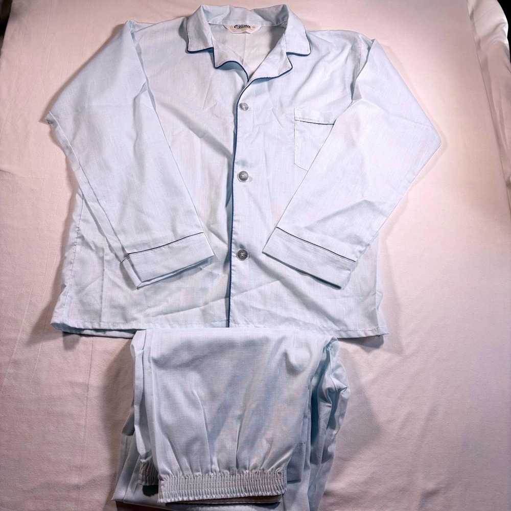 Vintage Olina Mens Pajama Lounge Set Light Blue Cotton Blend Long Sleeve
